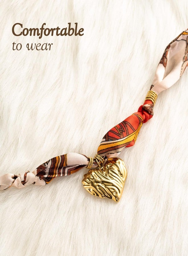 DoDoBeads Scarf Charm Necklace - Golden Heart - Red Vintage Scarf Necklace with Sculpted Stainless Steel Heart Pendant - Image 5